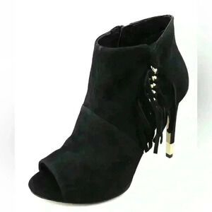 Guess Women's Black Aziz Suede Peep Toe with Fringe & Chain accent Bootie chic
